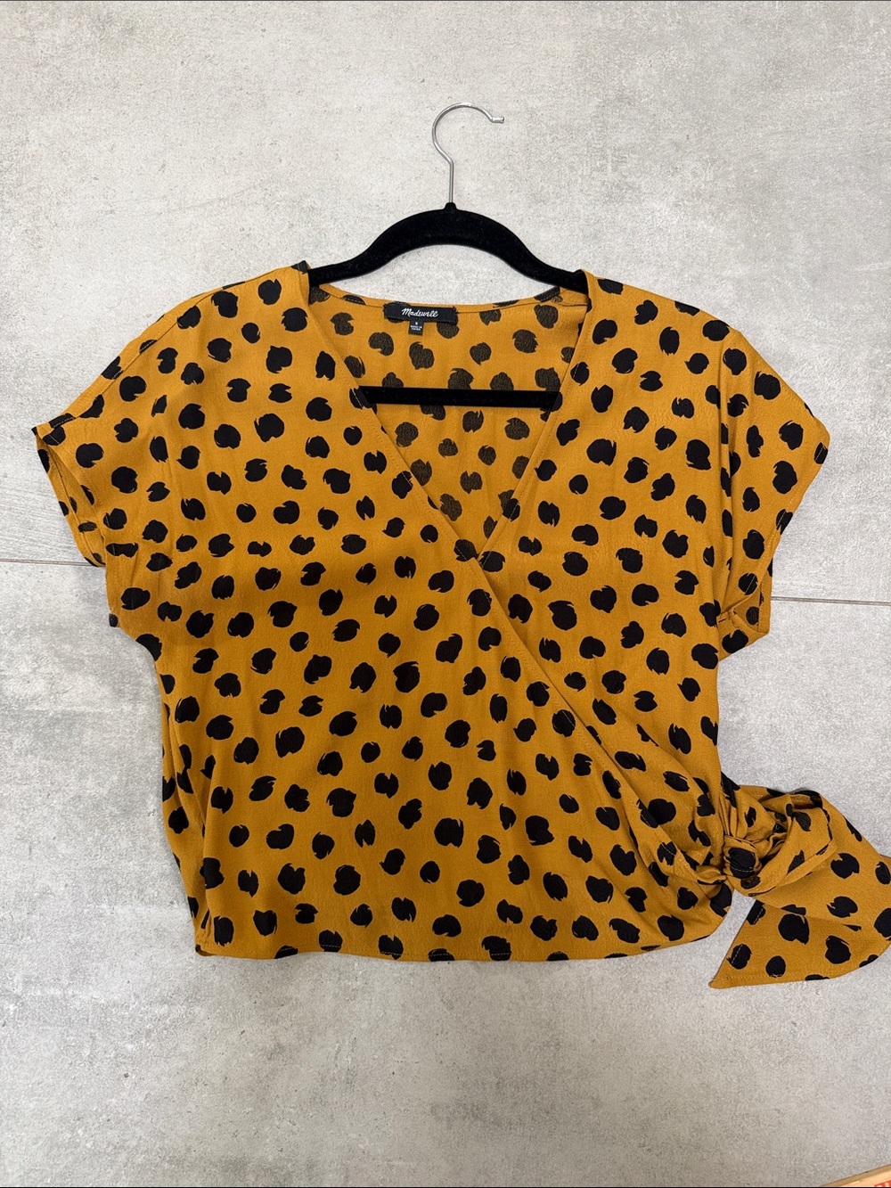 Madewell Mustard with Black Polka Dot Wrap Tie Blouse